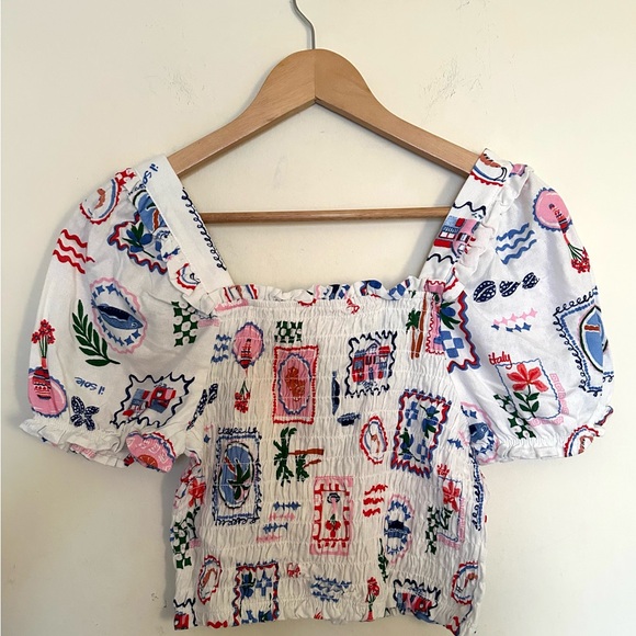 Monteau White CropTop Linen Blend Women’s Sz Medium Colorful print‎ NWT - Picture 3 of 8